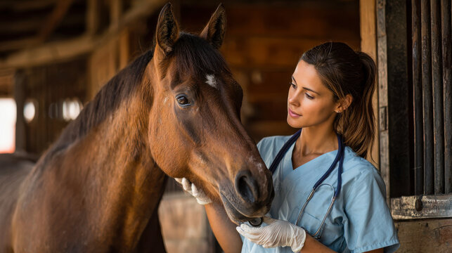 Veterinarian examines horse in stable during routine health check at veterinary clinic