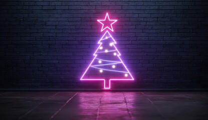 Vibrant Neon Christmas Tree Glowing Against Dark Brick Wall.