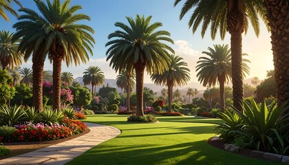 Fototapeta premium Lush, vibrant garden path winds through a tropical oasis, shaded by tall palm trees under a serene, sun-drenched sky.