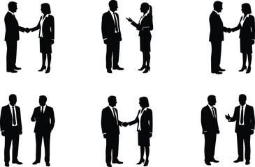 Business people silhouettes shaking hands and talking, corporate professionals communication teamwork vector illustration, isolated office interaction poses.