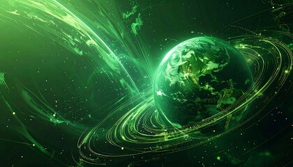 Obraz premium A vibrant, stylized depiction of Earth, enveloped in swirling, luminous green lines and rings, highlighting a cosmic, digital-like scene.