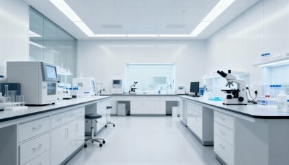 Modern Laboratory Interior with Advanced Equipment for Scientific Research and Pharmaceutical Development in Clean, Bright Environment