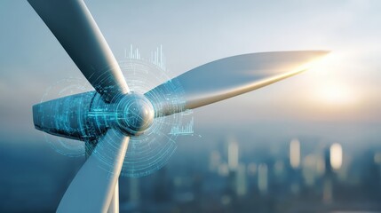 Wind Turbine Generating Clean Energy with Cityscape Background and Futuristic Data Visualizations for Sustainable Future