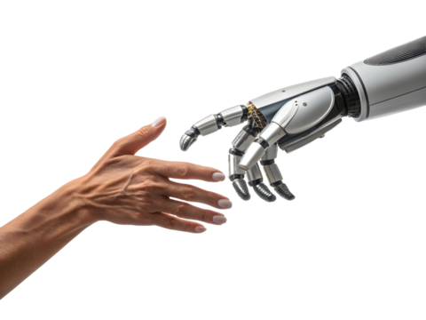 Human and Robotic Hands Reaching Towards Each Other Silver and White Robotic Arm  isolated on a transparent background