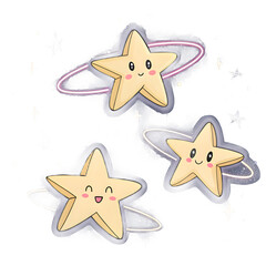 Three cute cartoon stars orbiting in space with happy faces