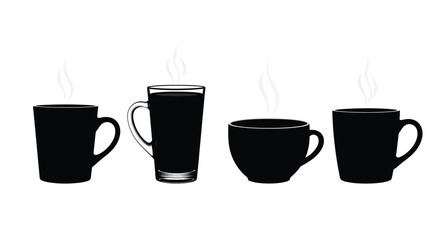 Collection of four black coffee cups and mugs silhouettes diverse styles and sizes for beverages vector