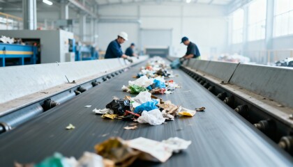 Waste Sorting on Conveyor Belt in Recycling Plant, Focus on Foreground Trash, with Workers in Background