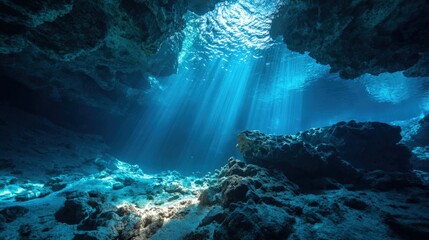 Obraz premium Underwater Cave Exploration with Sun Rays, Marine Life, and Tranquil Blue Water