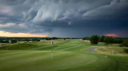 Fototapeta premium Dramatic Golf Course Landscape Under a Stormy Sky Evokes Serenity and Imminent Weather