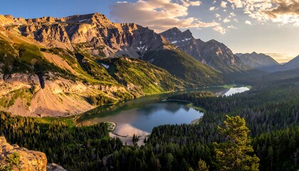 A breathtaking vista of a serene mountain lake nestled amidst towering peaks at golden hour.