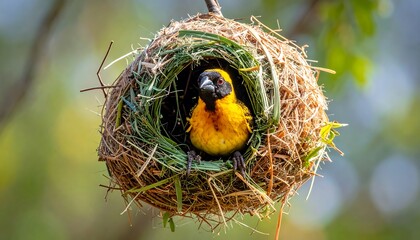 A vibrant yellow and black bird nestled securely within a meticulously crafted, round nest of natural materials.