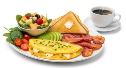 A full breakfast spread featuring an omelet with cheese crispy bacon buttered toast fresh fruit salad sliced avocado spinach and tomatoes served with a hot cup of black coffee