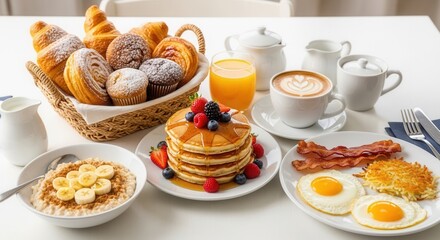A generous breakfast spread on a white table including pastries pancakes fried eggs bacon hash browns oatmeal coffee and orange juice