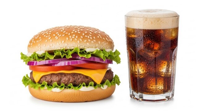 A hamburger with cheese lettuce tomato and onion sits beside a glass of ice-cold fizzy beverage on a plain white background