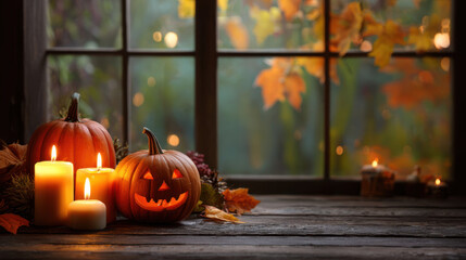 Fototapeta premium Cozy Halloween scene featuring carved pumpkins with candles rustic wooden table, surrounded by autumn leaves and warm glow from window. atmosphere evokes sense of festive cheer and seasonal beauty