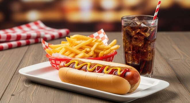 A hot dog topped with mustard and ketchup a basket of french fries and a glass of iced soda on a wooden table - Powered by Adobe