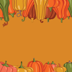 Bright juicy autumn background frame with pumpkins. Harvest day. Ripe pumpkins. Place for text. Autumn backgrounds. Vector illustration