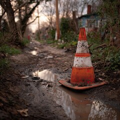 Obraz premium Weathered orange traffic cone in a muddy neglected rural pathway.