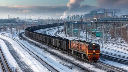 Industrial Freight Train: A long freight train, laden with cargo, winds its way through an industrial landscape, traversing a railway track in a scene of industry and transportation.