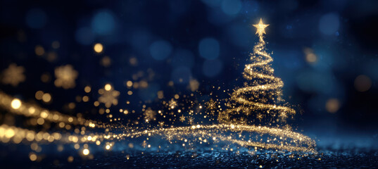 Glowing golden Christmas tree with star shines brightly against dark blue background, surrounded by sparkling lights and snowflakes, creating magical holiday atmosphere