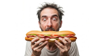 A man with messy hair and wide eyes intensely focuses on a large sub-style sandwich he is about to eat holding it close to his mouth