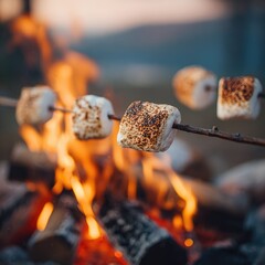 Toasted marshmallows on sticks being roasted over a warm campfire.