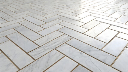 Elegant white marble herringbone pattern floor close up overhead view subtle texture