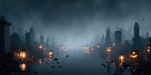 Obraz premium Spooky graveyard at night features eerie tombstones, glowing jack o lanterns, and misty atmosphere. scene evokes haunting yet captivating feeling, perfect for Halloween