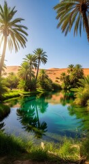 Obraz premium A stunning desert oasis paradise with vibrant green palm trees reflecting in a beautiful turquoise lagoon under a clear blue sky