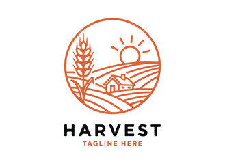 Obraz premium Rustic farm landscape with wheat and sun logo design