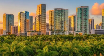 Fototapeta premium A cityscape at sunrise or sunset featuring numerous tall buildings with reflective glass surfaces rising above a dense canopy of palm trees under a sky with warm hues
