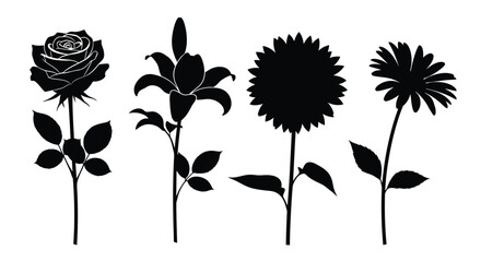 Elegant silhouettes of four distinct flowers including rose lily sunflower and daisy for decorative design vector