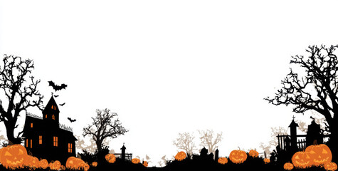 Spooky Halloween themed vector background featuring pumpkins, bats, and haunted house silhouettes. Perfect for festive decorations and seasonal events