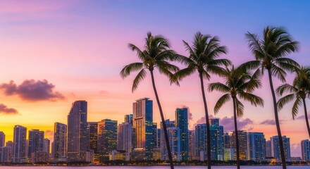 A cityscape featuring numerous tall buildings and several palm trees silhouetted against a vibrant sunset sky with hues of yellow pink and blue above a body of water