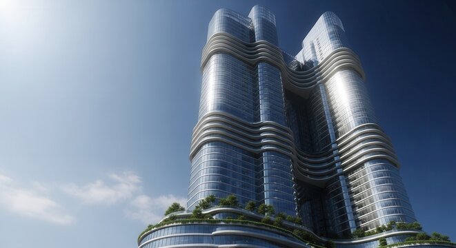A futuristic wave-like skyscraper with reflective glass facades and green terraces under a bright partly cloudy sky