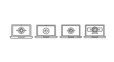 Four laptop computers showing webcams front view simple line art design technology concept vector