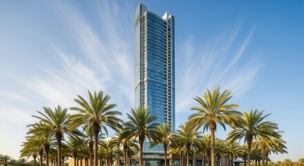 A modern glass skyscraper stands tall against a blue sky with wispy clouds surrounded by a multitude of vibrant green palm trees in the foreground