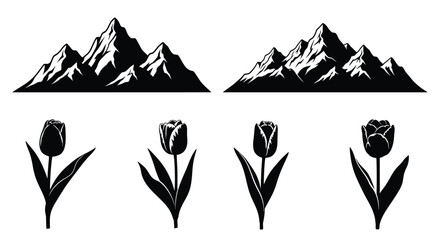 Silhouette mountain range and tulip flowers graphic elements nature scenery and botany collection vector