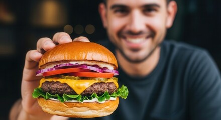 A smiling person holds a delicious-looking burger with a golden bun cheese lettuce tomato onion and pickles against a blurred background