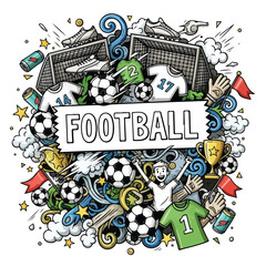 Hand Drawn Football Doodle Collage with Sports Equipment and Symbols.