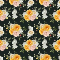 Gardinen Vintage Blumen Floral seamless pattern with autumn flowers. Yellow, white roses, dahlia, leaves. Hand drawn watercolor illustration  © Diasha Art