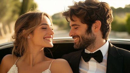 Happy newlywed couple is smiling and enjoying a romantic ride in a classic car after their wedding ceremony, celebrating their new life together