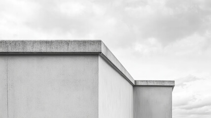 Monochrome architectural detail capturing parapet cap intersection with flat roof, geometric lines against overcast backdrop