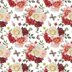 Gardinen Vintage Blumen Floral seamless pattern with autumn flowers. Red, burgundy, white roses, lily, leaves. Hand drawn watercolor illustration  © Diasha Art