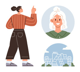 Woman pointing upward in casual attire, portrait of smiling female with bun, and stylized city mall. Ideal for communication, fashion, retail, modern lifestyle, organization, decision-making simple