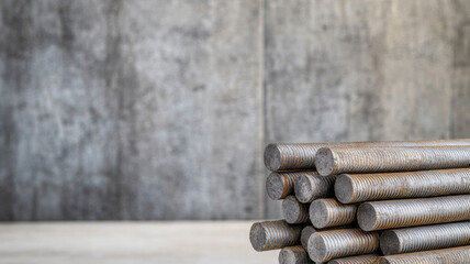 Stacked rebar rods with curved ends leaning on a concrete wall, creating a minimalist industrial scene with professional lighting
