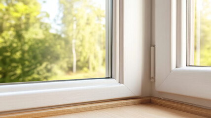 Plastic window frame being installed with temporary wedges supporting it before final fixation, blurred green background suggesting a natural outdoor environment