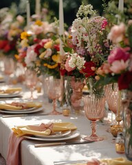 Fototapeta premium Vibrant floral arrangements in crystal glasses on banquet table