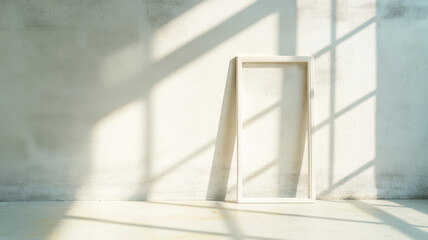 White picture frame leaning against wall, casting soft shadows from window light in minimalist, sunlit interior space