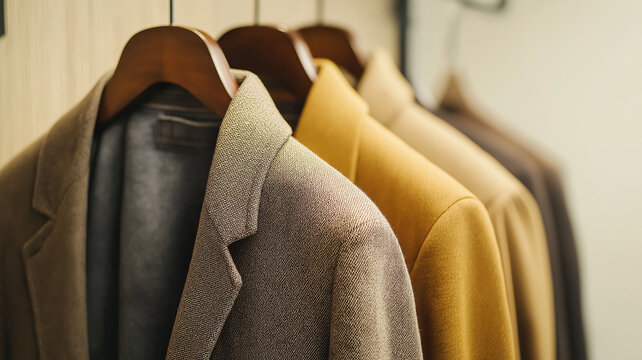 Close up of blazers hanging on wooden hangers, showcasing smooth shoulder lines and neatly folded collars, emphasizing quality and style